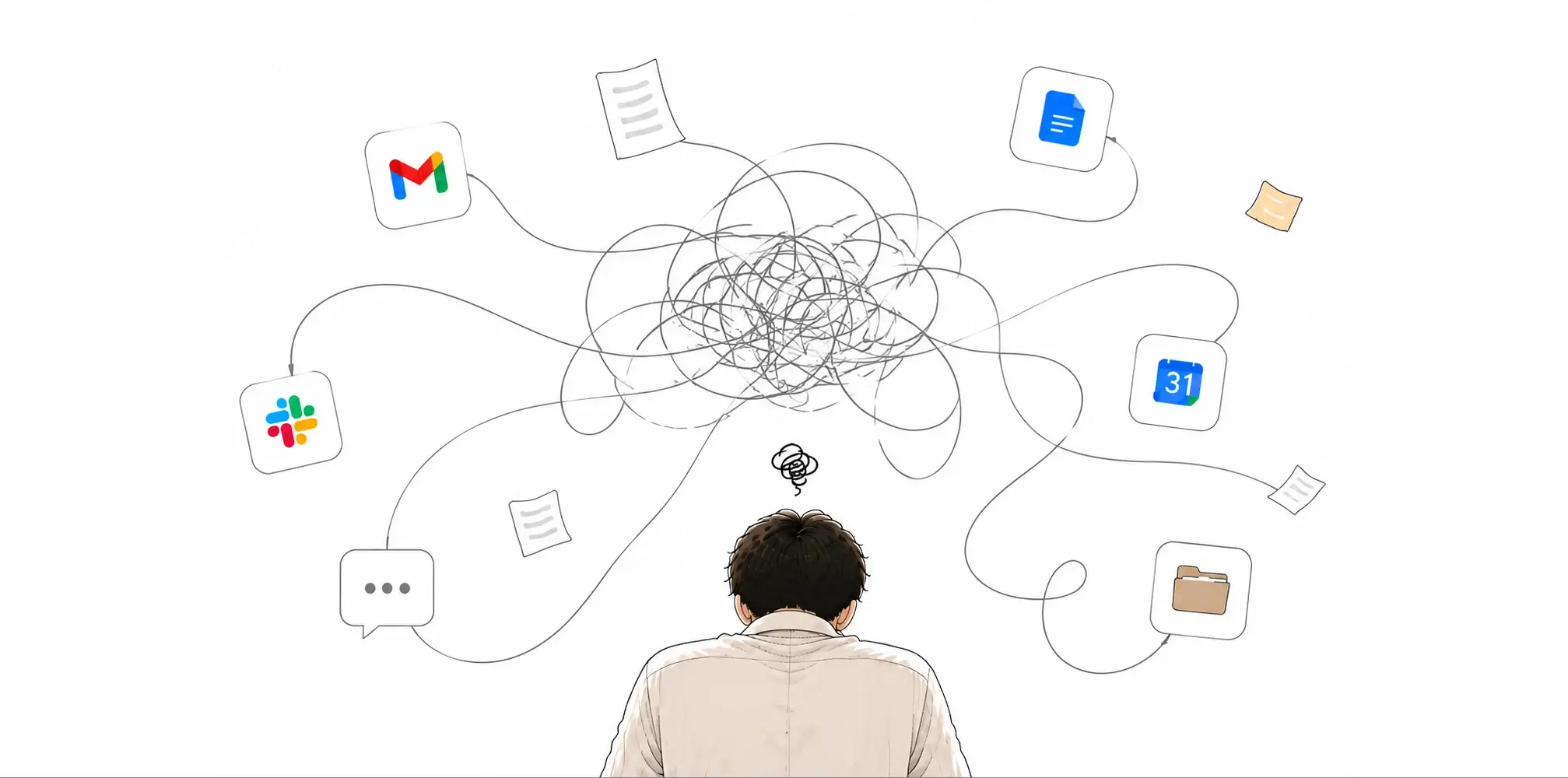 A person surrounded by scattered apps and information
