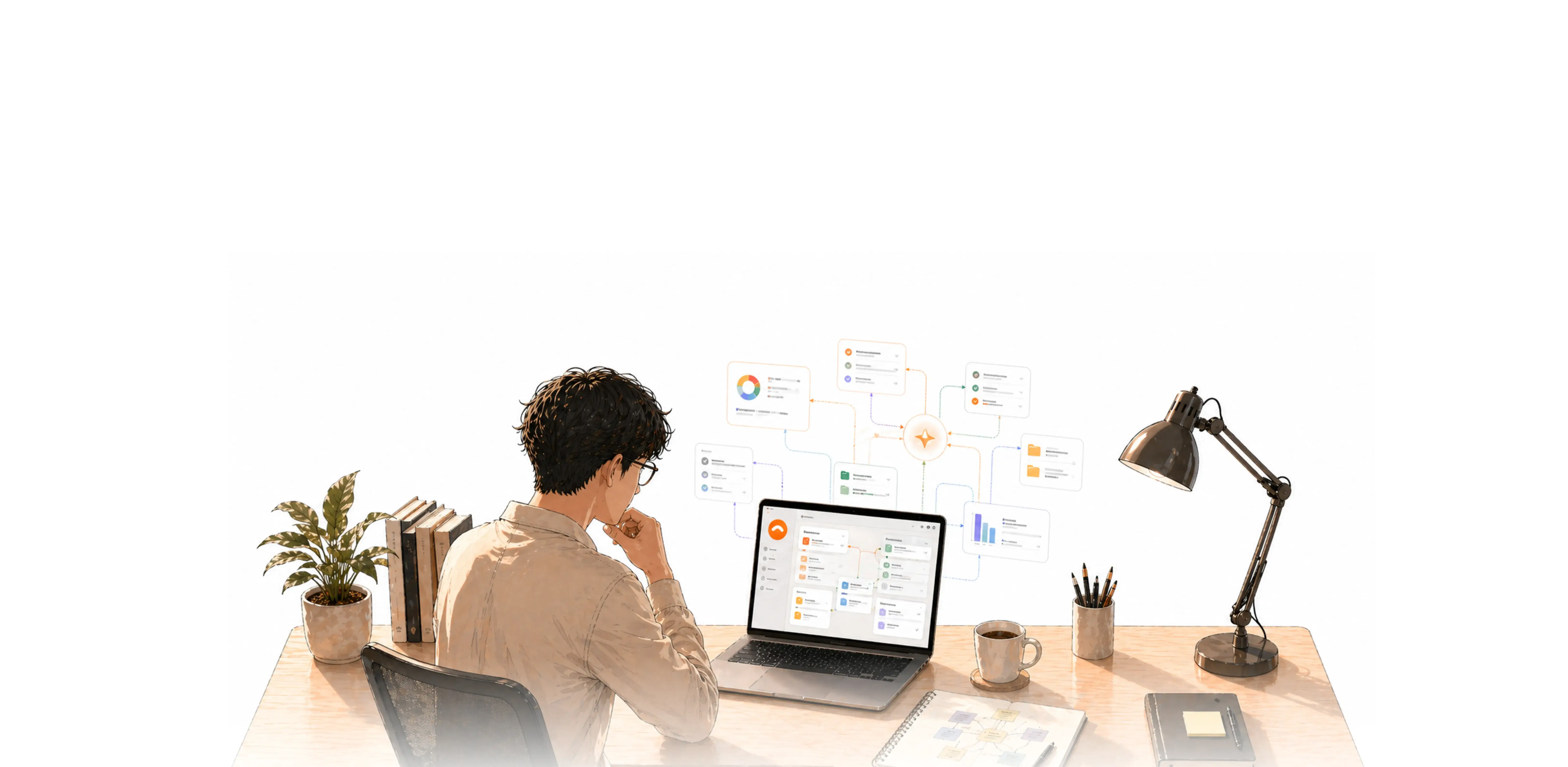 A desk scene showing Lynx staying aware of the next step in your workflow