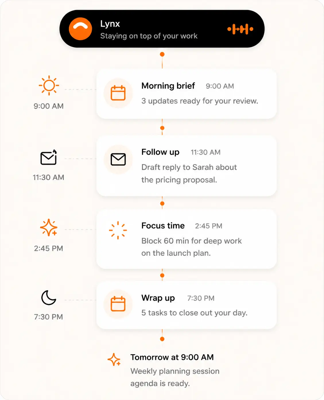 A workflow card showing Lynx helping work continue in a natural flow